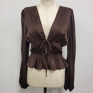 Wayf Womens Long Sleeve Tie Front Milkmaid Top‎ Size S Brown Coquette Romantic